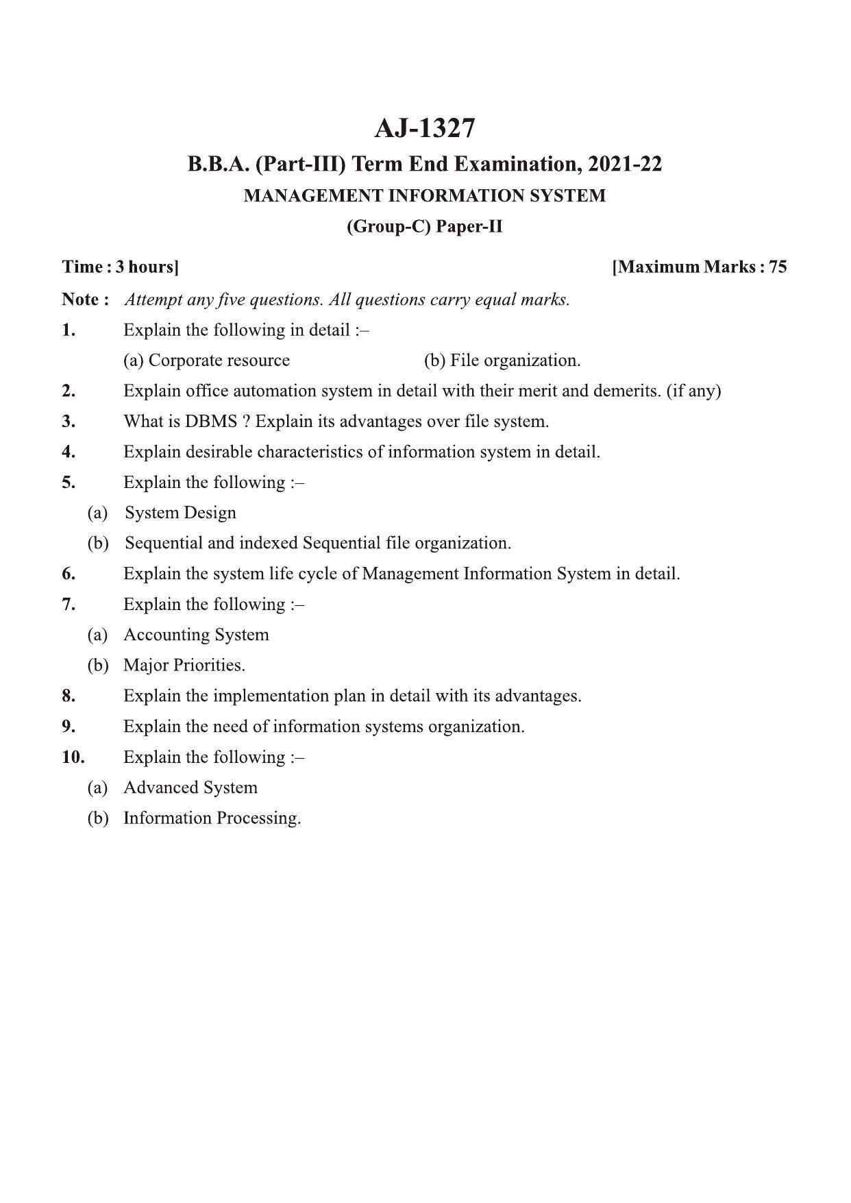 Bilaspur University Question Paper 2021-2022: B.B.A. Part-III (Three) (II) Management Information System Paper 2 - Page 1