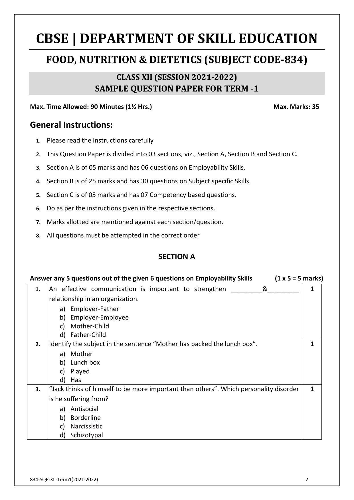 CBSE Class 12 Food Nutrition & Dietetics Sample Paper 2021-22 - Page 2