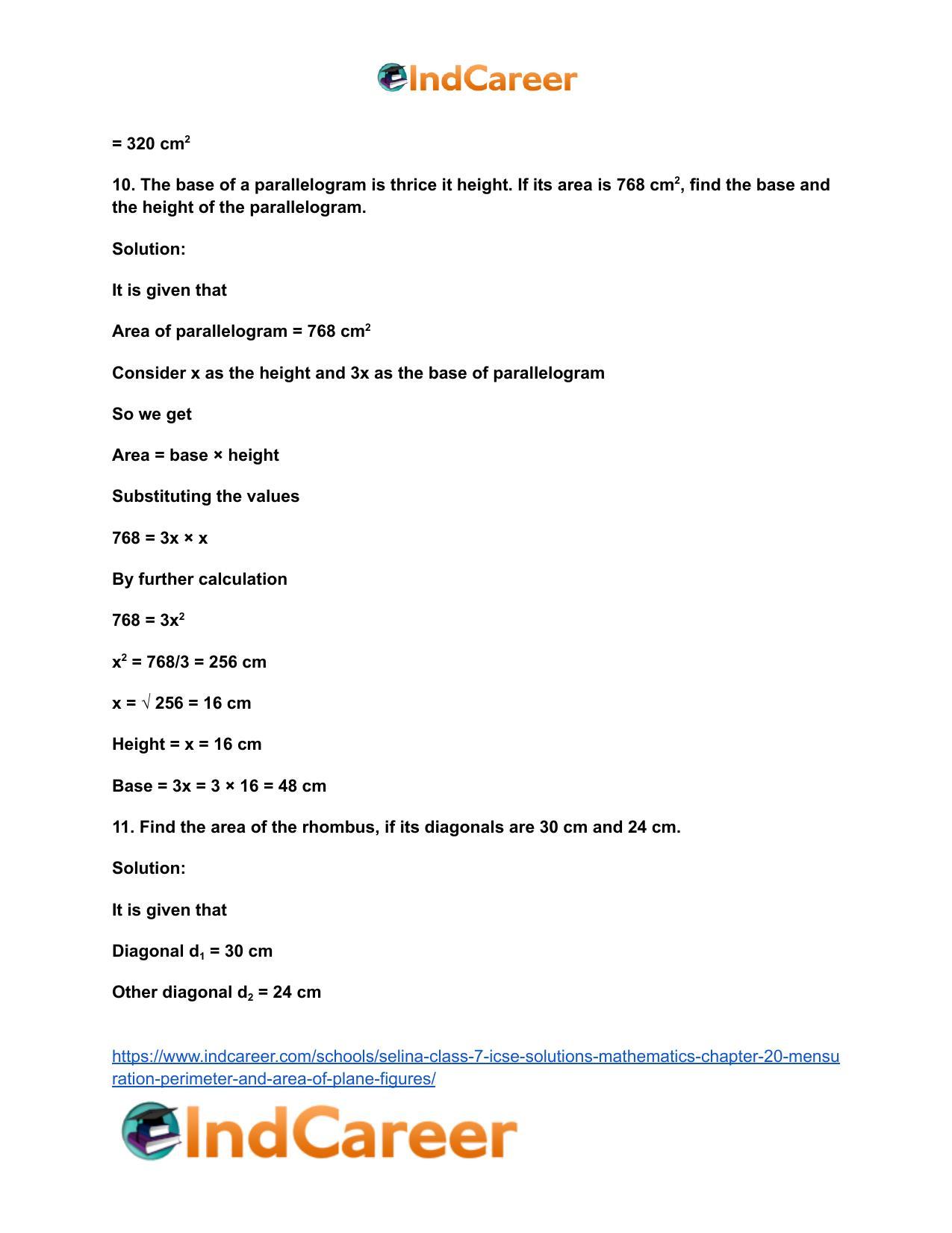 Selina Class 7 ICSE Solutions Mathematics : Chapter 20- Mensuration (Perimeter and Area of Plane Figures) - Page 27
