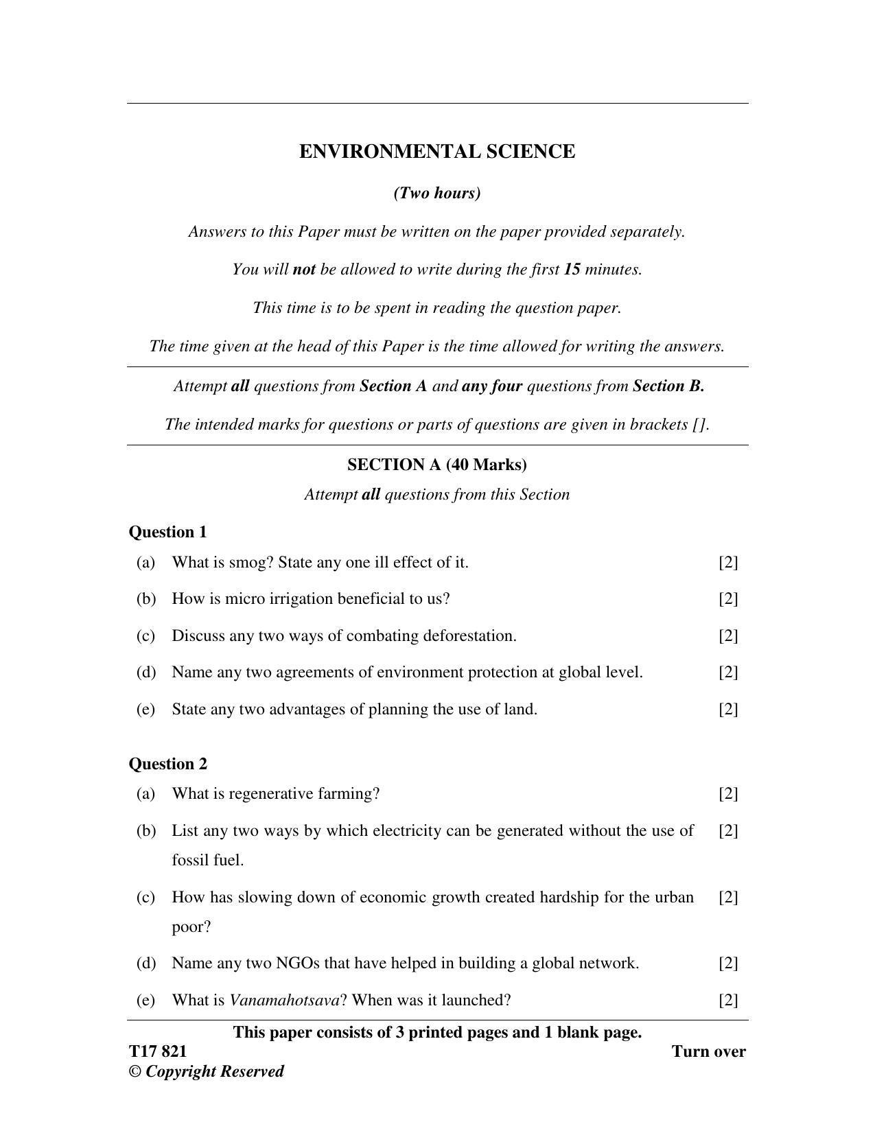 ICSE Class 10 ENVIRONMENTAL SCIENCE 2017 Question Paper - Page 1