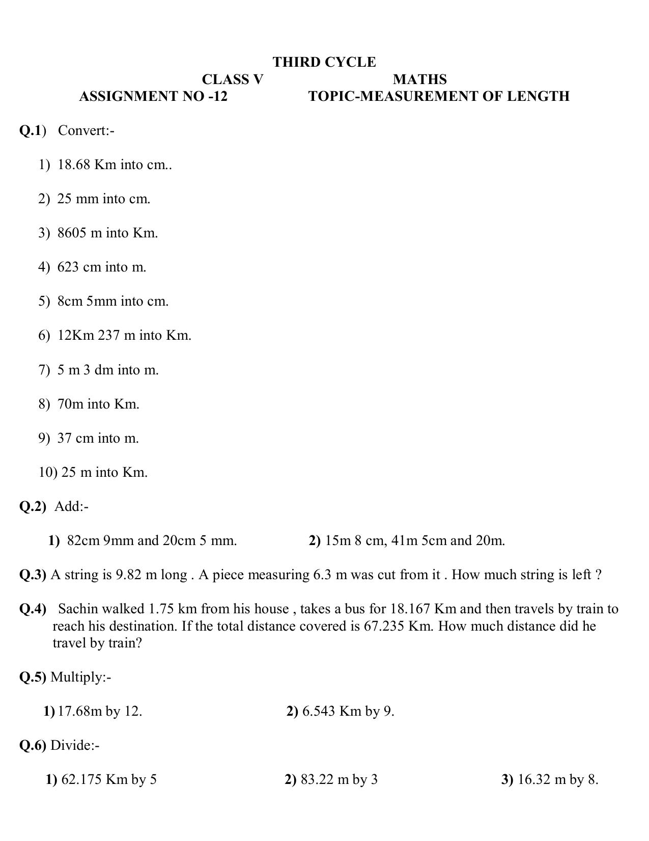 Worksheet for Class 5 Maths Assignment 21 - Page 1