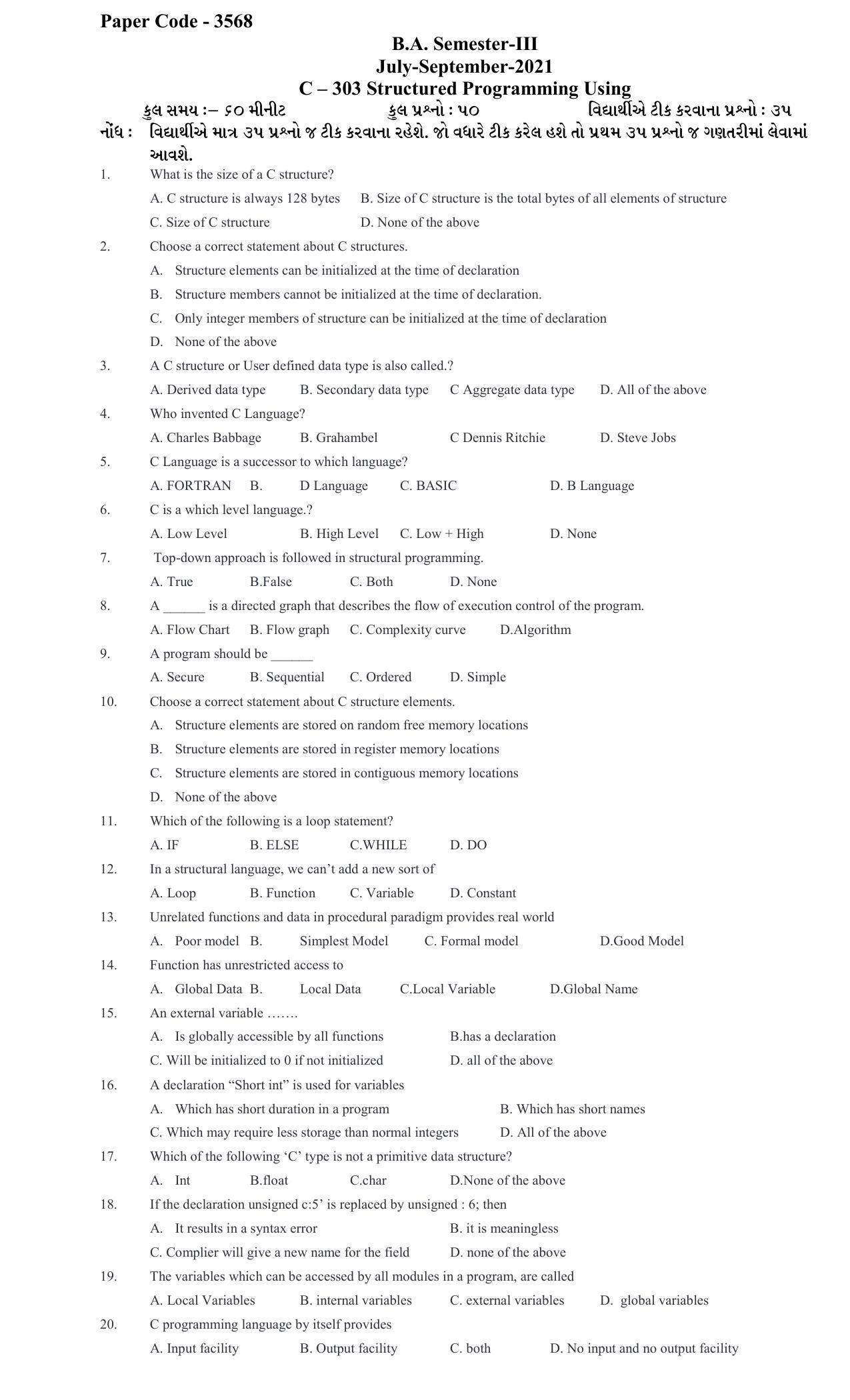 Hemchand North Gujarat University Sample Paper July-Sept 2021: B.A. Semester-III C – 303 Structured Programming Using Paper Code - 3568 - Page 1