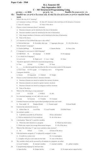Hemchand North Gujarat University Sample Paper July-Sept 2021: B.A. Semester-III  C – 303 Structured Programming Using Paper Code - 3568
