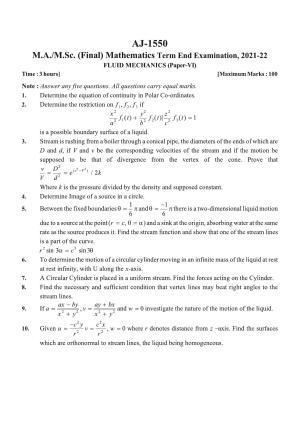 Bilaspur University Question Paper 2021-2022:M.A (Final) Mathematics Fluid Mechanics Paper 1