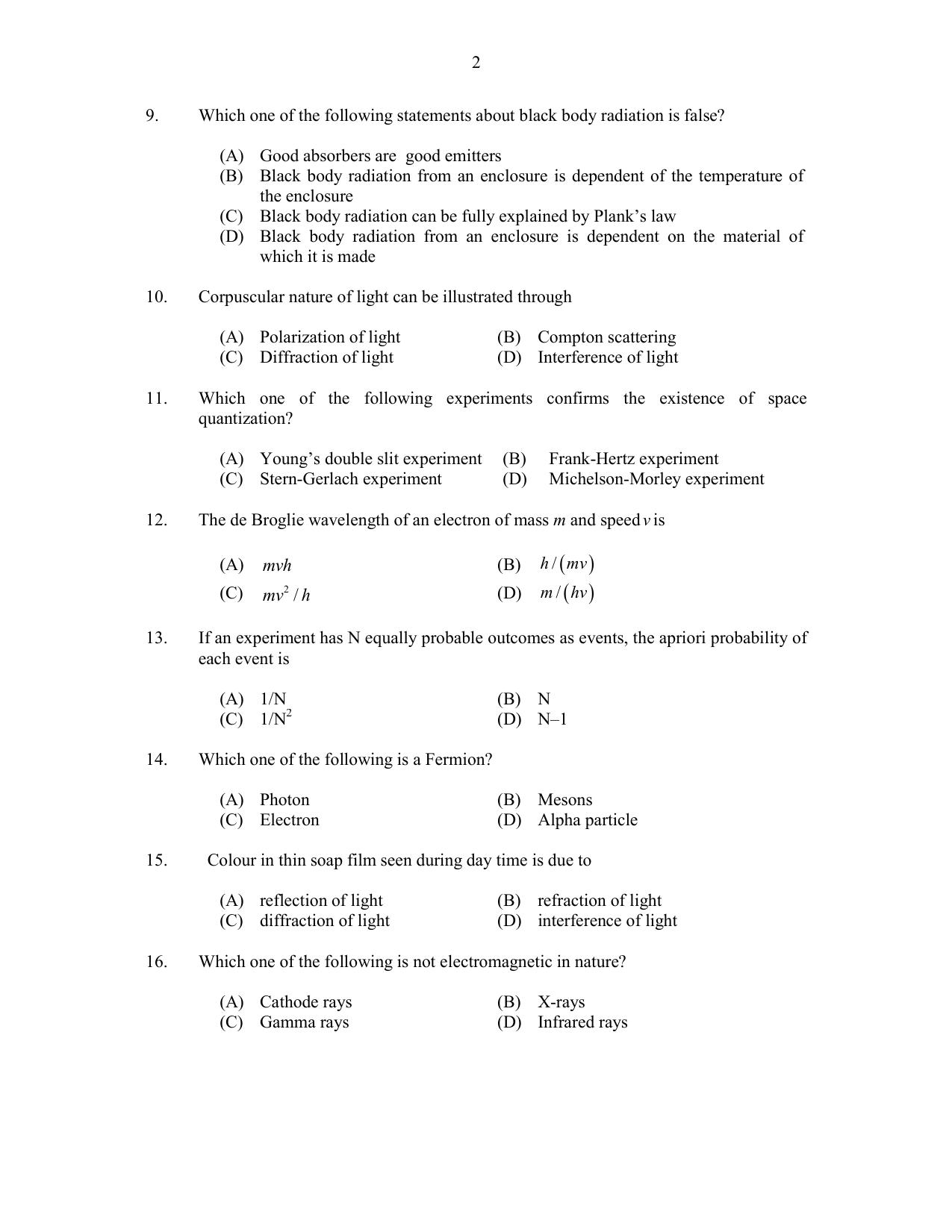 CUSAT CAT 2017 Physics Pg Question Paper - Page 2