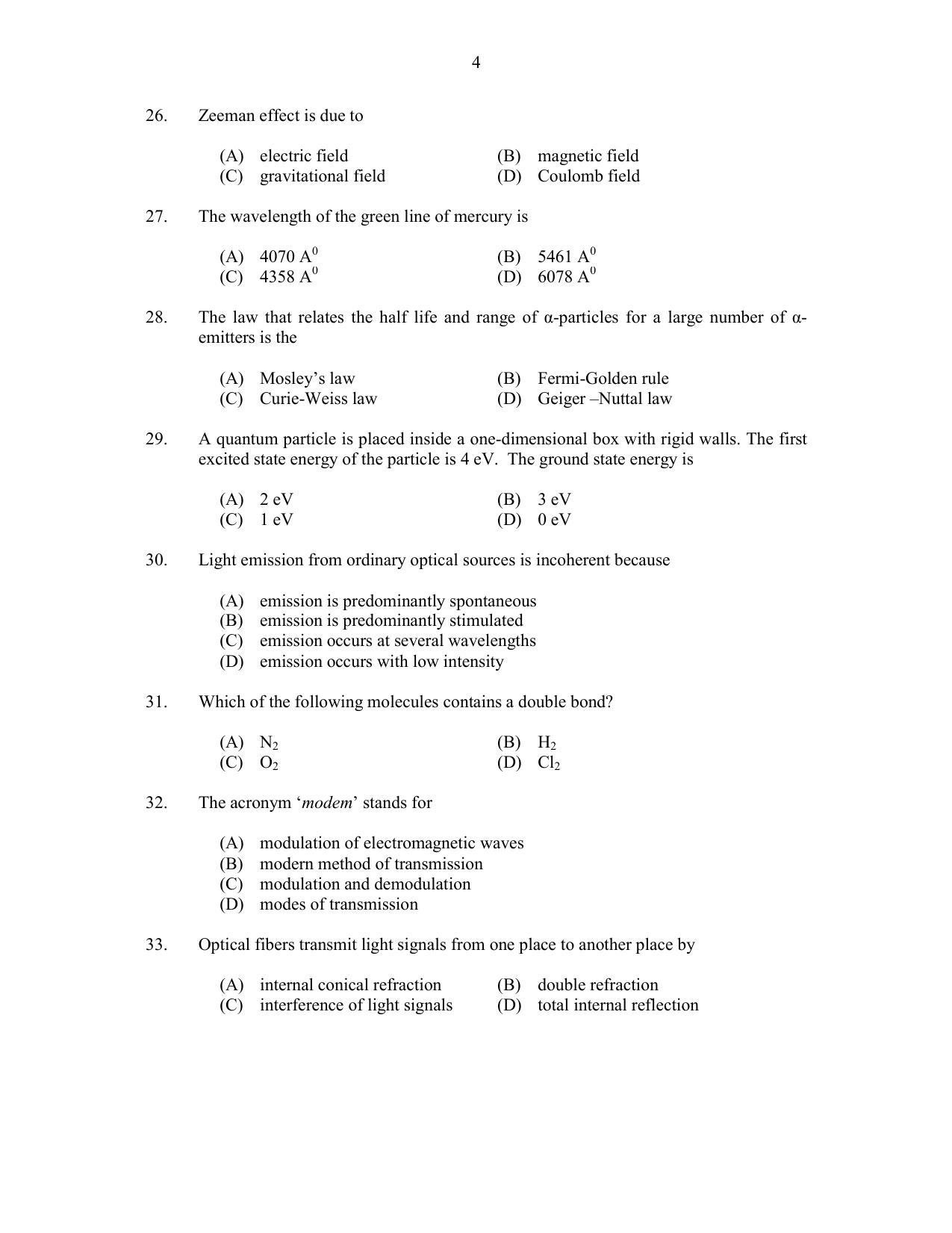 CUSAT CAT 2017 Physics Pg Question Paper - Page 4