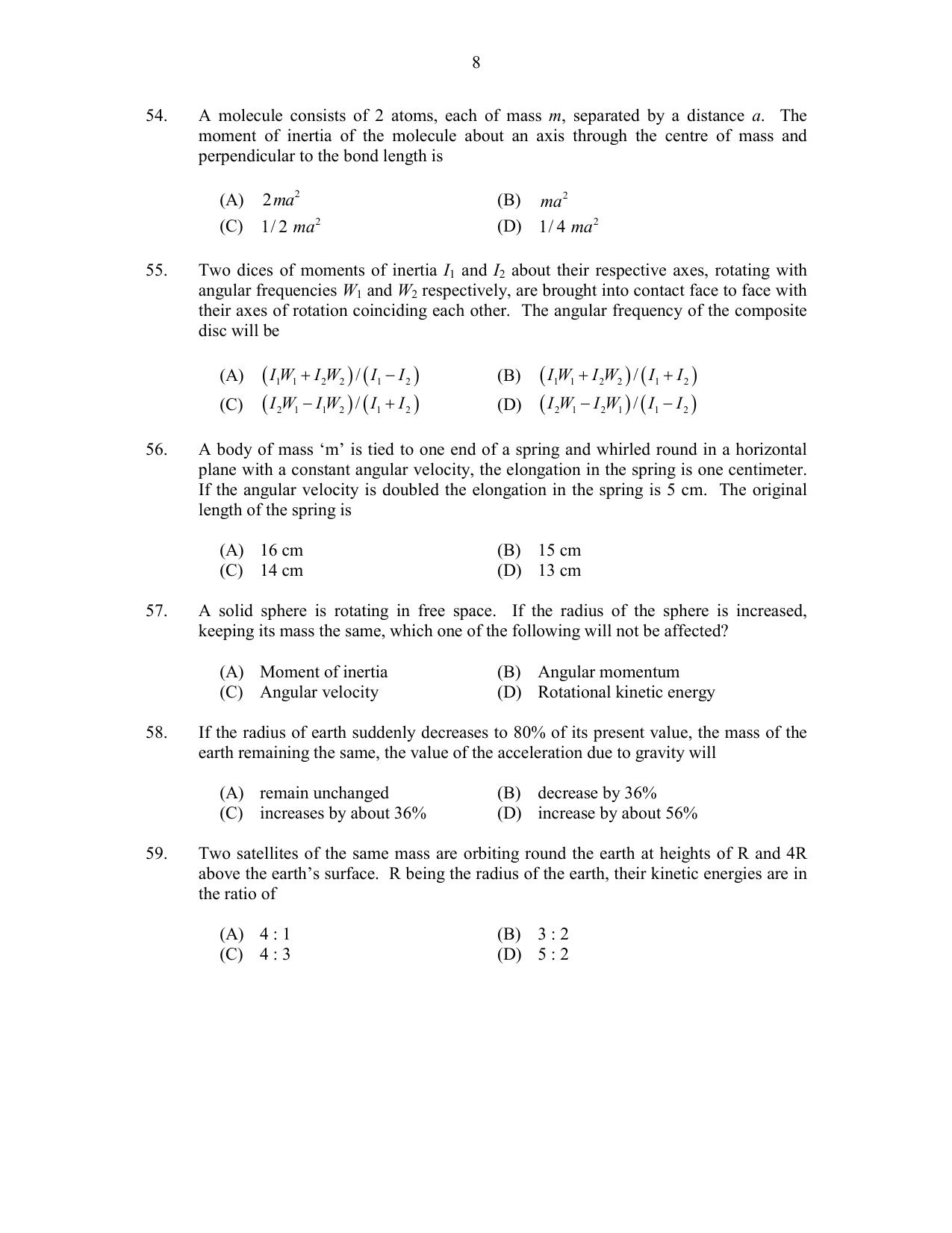CUSAT CAT 2017 Physics Pg Question Paper - Page 8