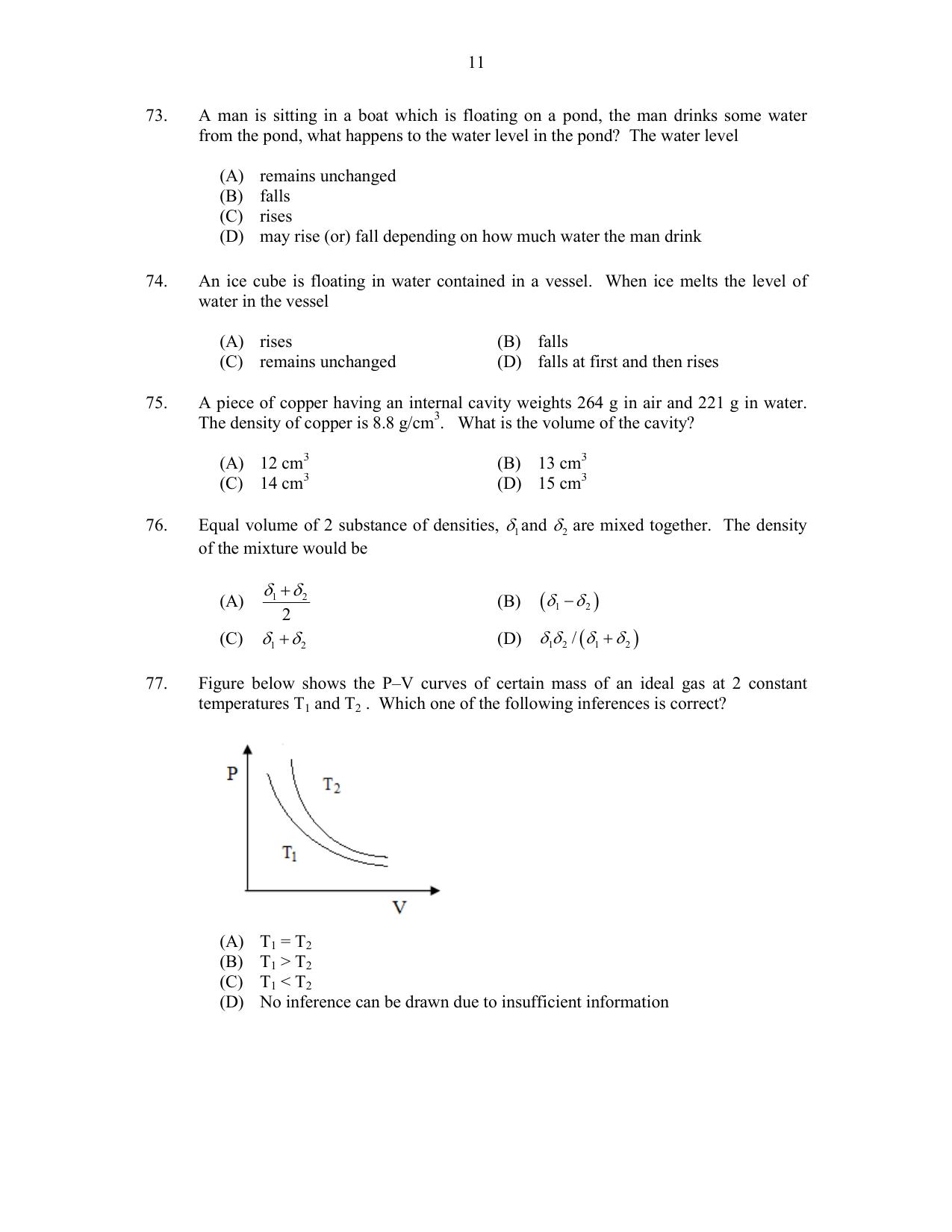 CUSAT CAT 2017 Physics Pg Question Paper - Page 11