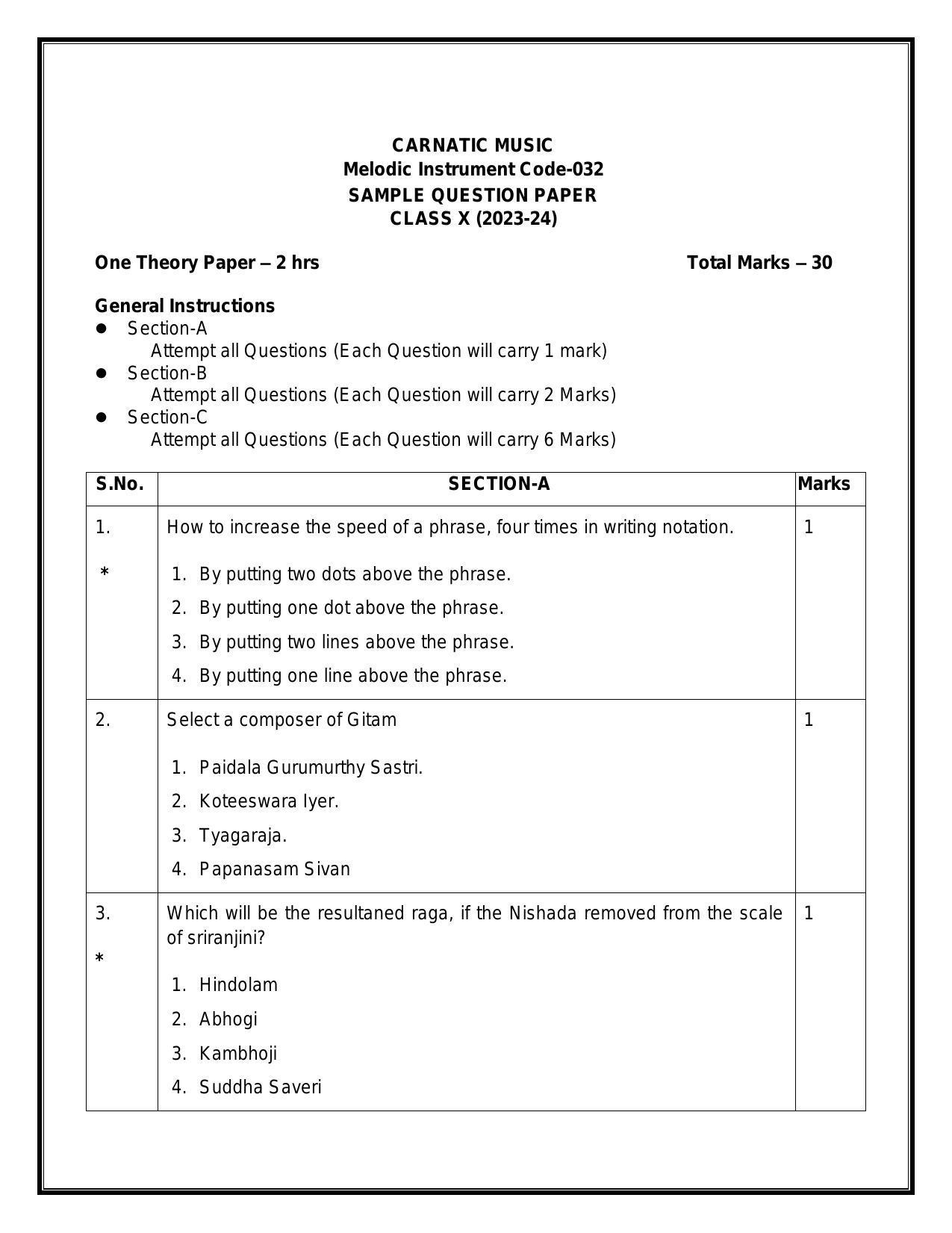 CBSE Class 10 Carnatic Music-Melodic Instruments Sample Paper 2024 - Page 1