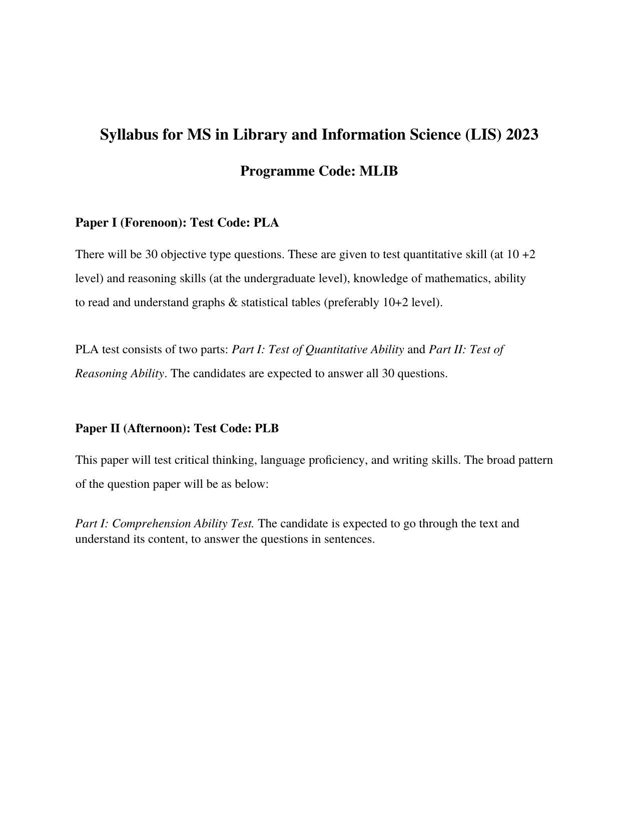 ISI Admission Test M.S.(LIS) Syllabus - Page 1