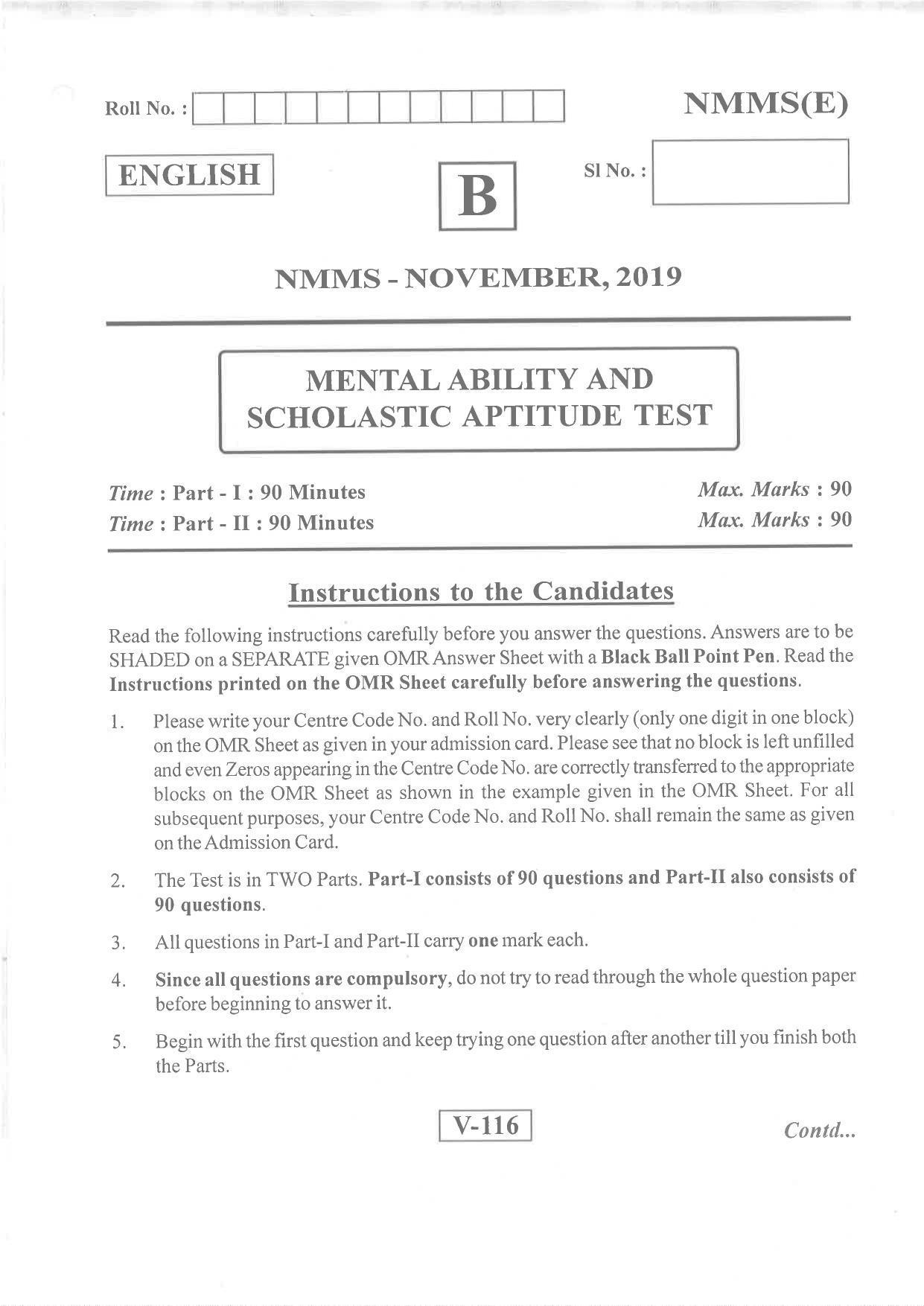 English Medium Nov 2019 (Set B) Class 8 Andhra Pradesh NMMS Question Papers - Page 1