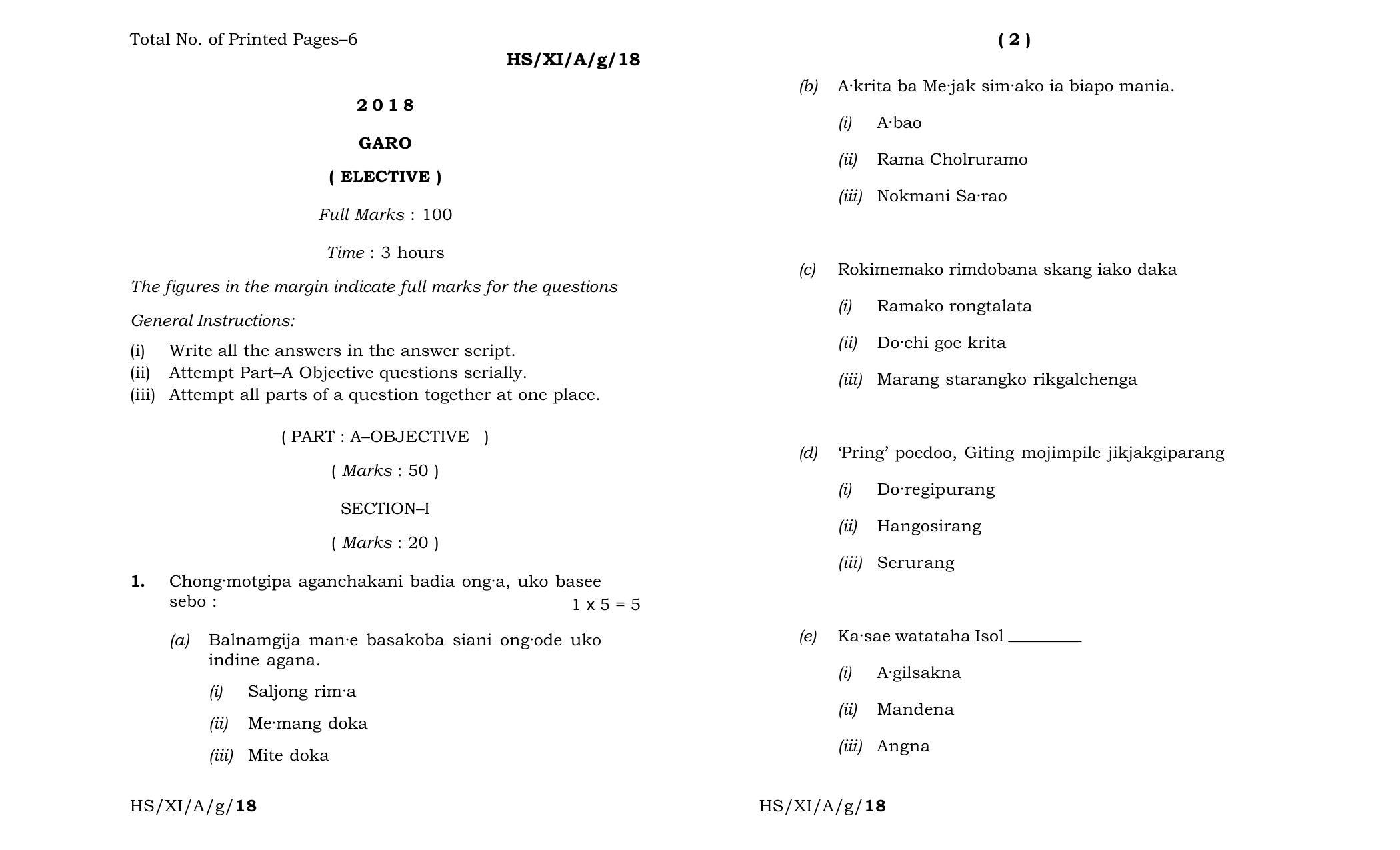 Meghalaya Board (MBOSE) Class 11 Garo_Elective 2018 Question Paper - Page 1