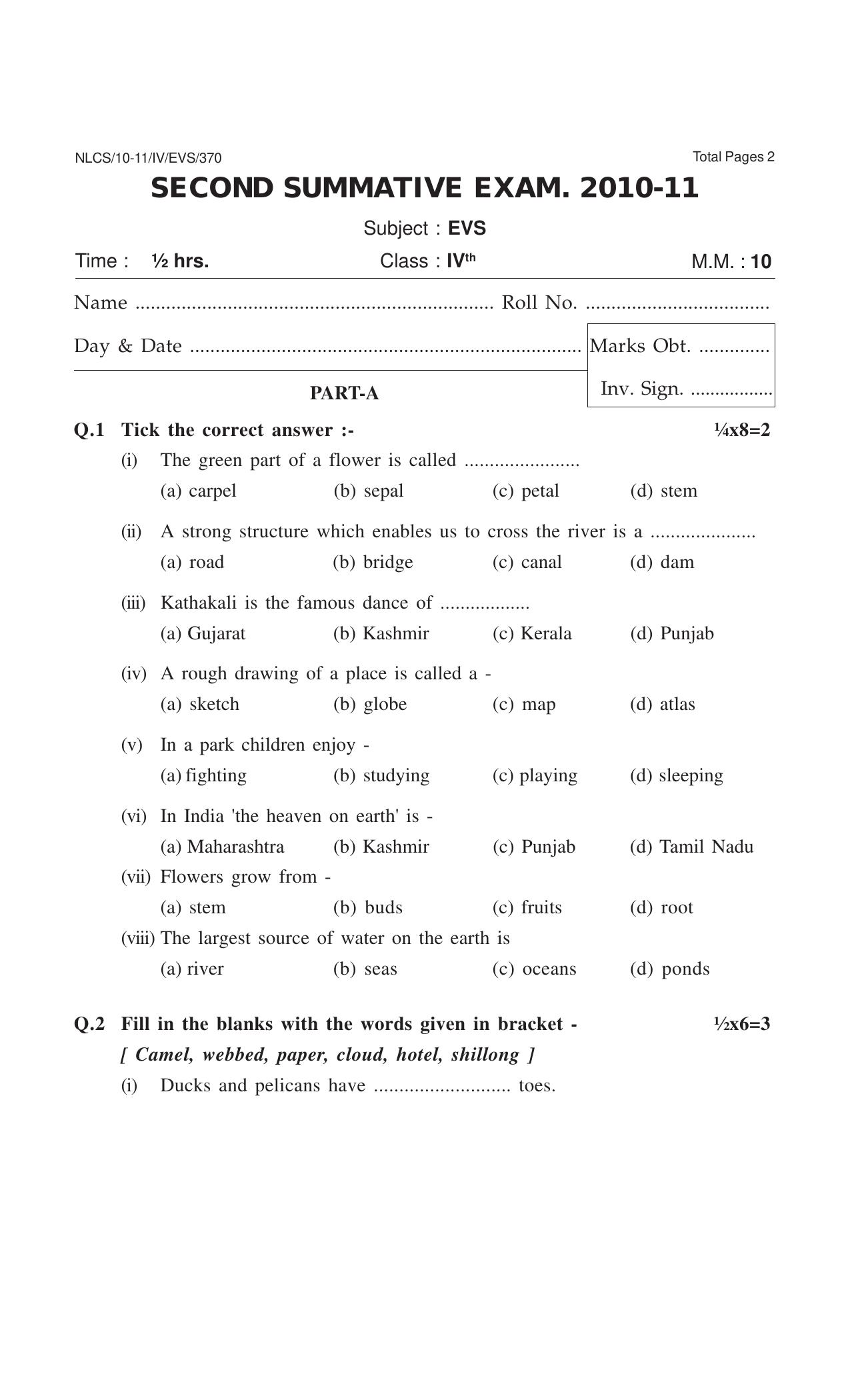 Worksheet for Class 4 Environmental Studies Assignment 14 - Page 1