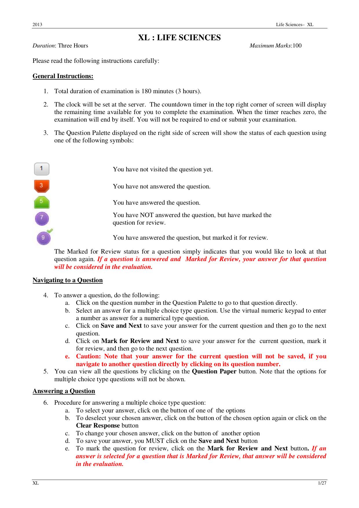 GATE 2013 Life Sciences (XL) Question Paper with Answer Key - Page 1