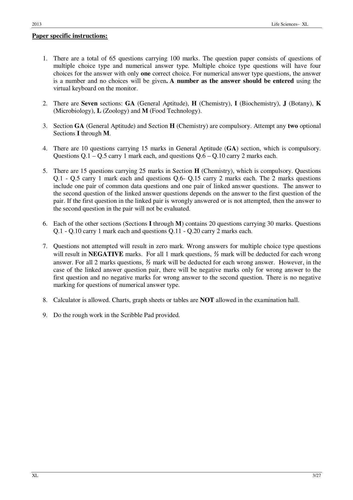 GATE 2013 Life Sciences (XL) Question Paper with Answer Key - Page 3
