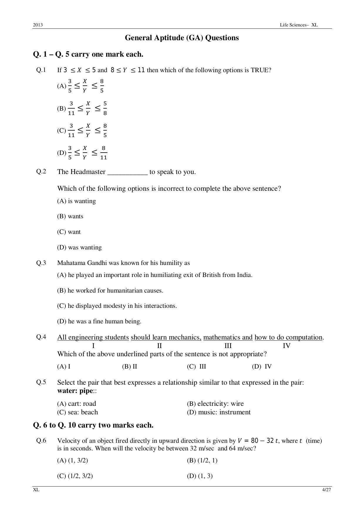 GATE 2013 Life Sciences (XL) Question Paper with Answer Key - Page 4