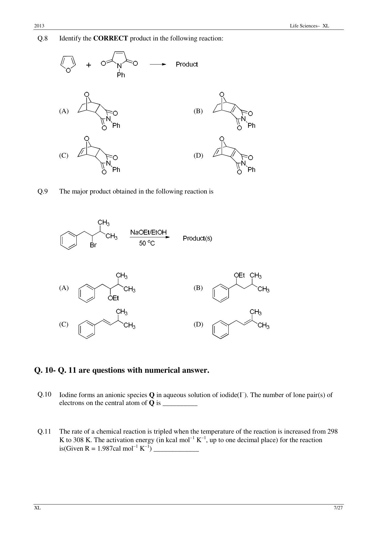 GATE 2013 Life Sciences (XL) Question Paper with Answer Key - Page 7