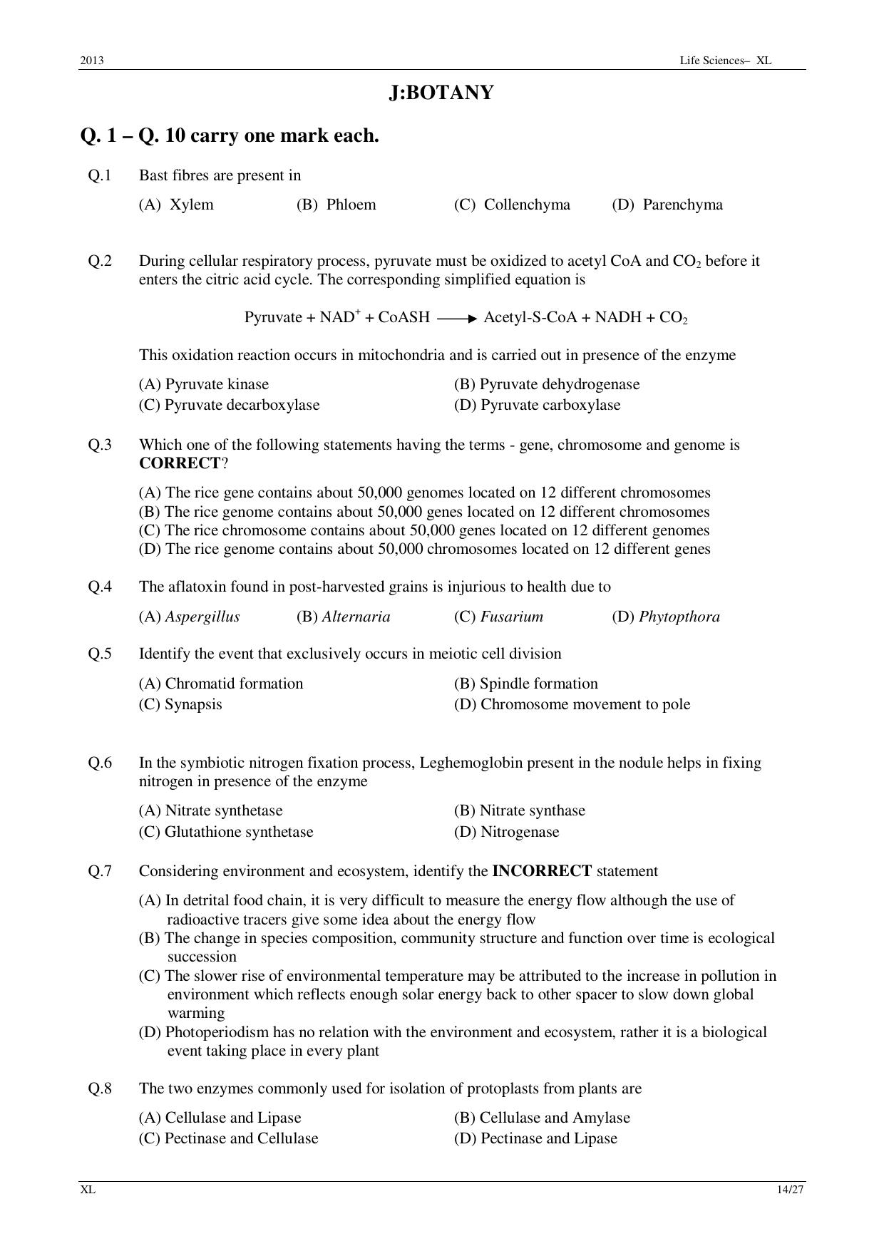 GATE 2013 Life Sciences (XL) Question Paper with Answer Key - Page 14