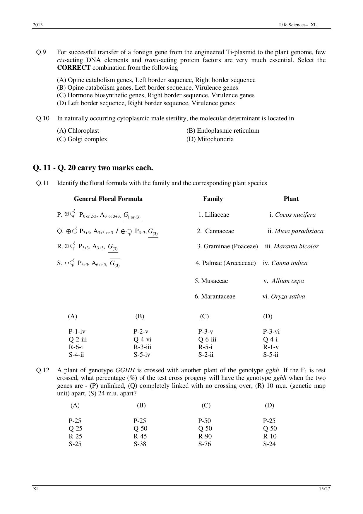 GATE 2013 Life Sciences (XL) Question Paper with Answer Key - Page 15