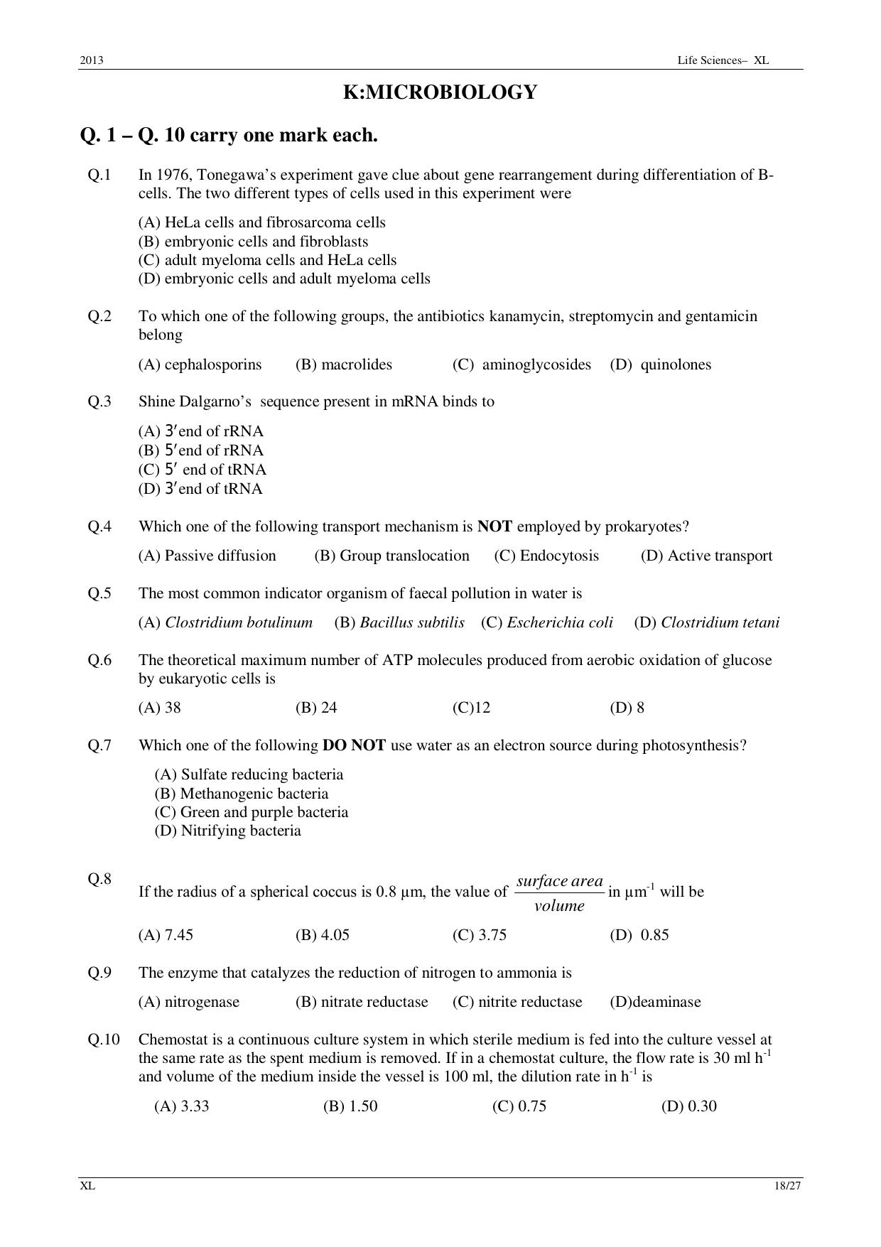 GATE 2013 Life Sciences (XL) Question Paper with Answer Key - Page 18