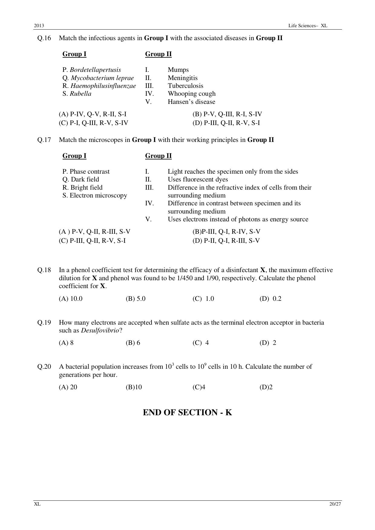 GATE 2013 Life Sciences (XL) Question Paper with Answer Key - Page 20
