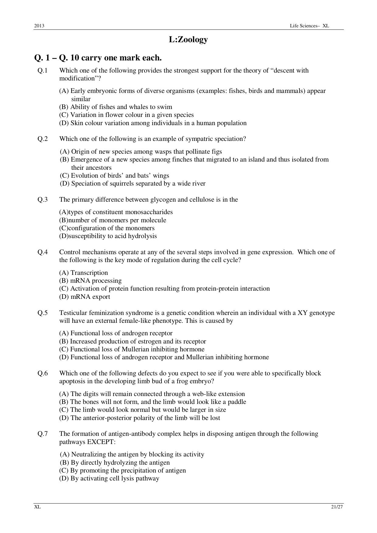 GATE 2013 Life Sciences (XL) Question Paper with Answer Key - Page 21
