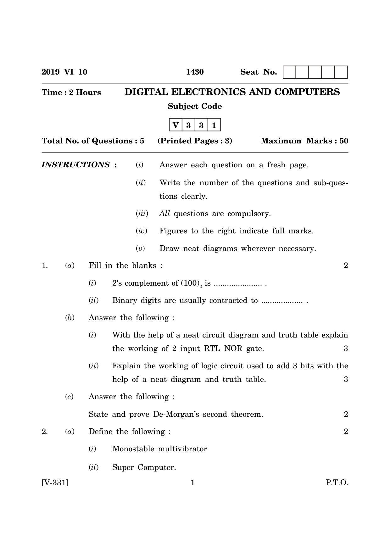 Goa Board Class 12 Digital Electronics & Computers 2019 (June 2019) Question Paper - Page 1