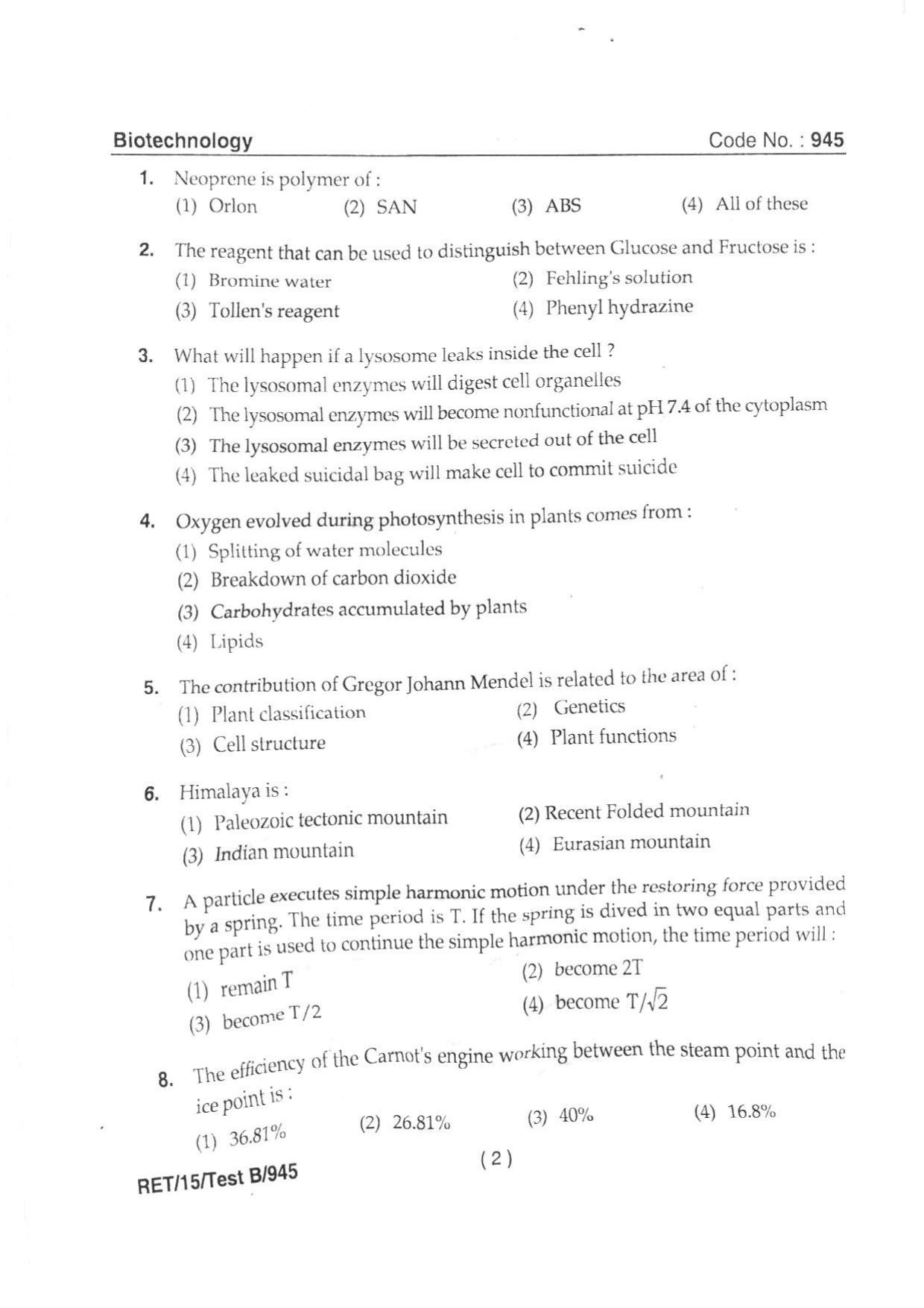 BHU RET BIOTECHNOLOGY 2015 Question Paper - Page 4