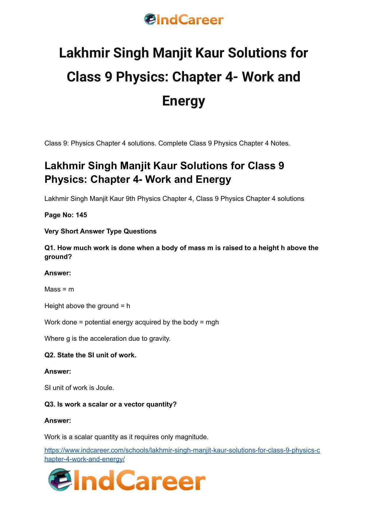 Lakhmir Singh Manjit Kaur Solutions for Class 9 Physics: Chapter 4- Work and Energy - Page 2