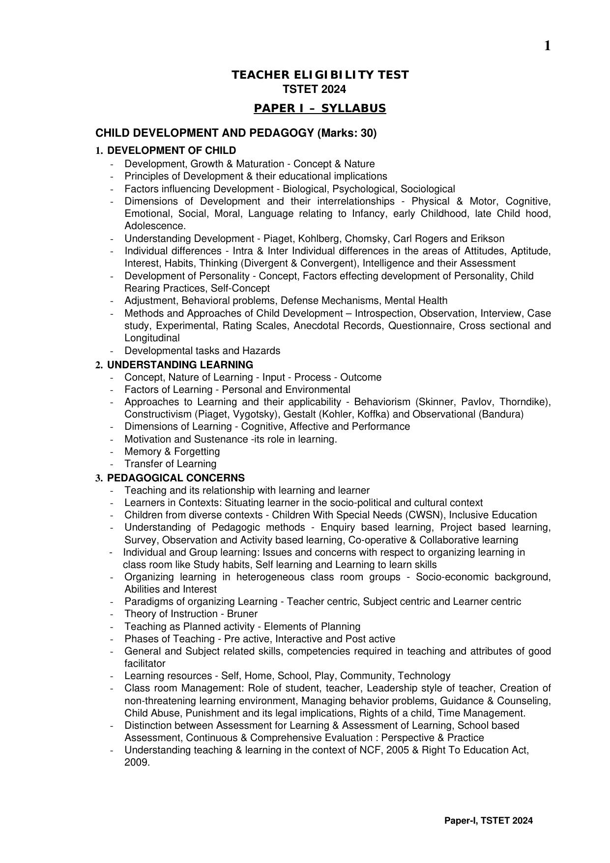 TS TET Syllabus - Paper-I (Gujarathi) - Page 1