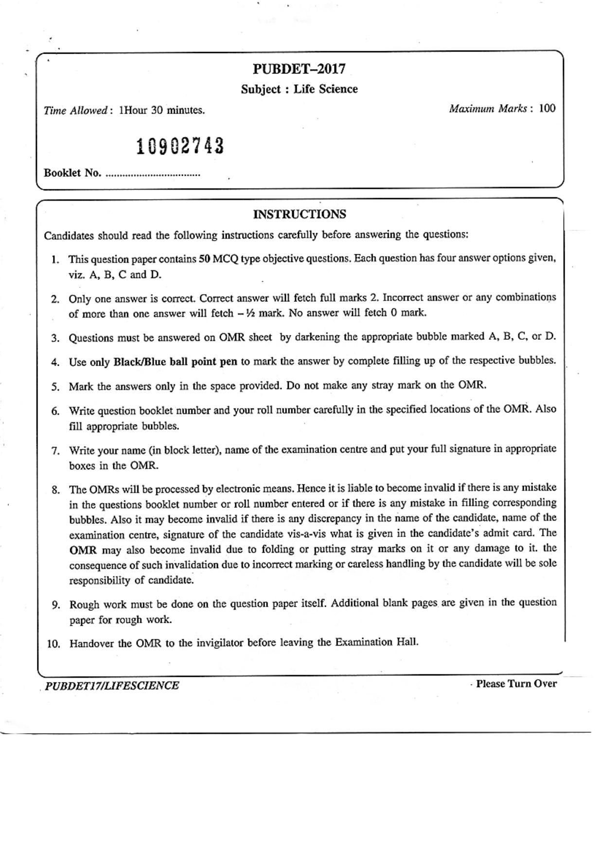 PUBDET 2017 Life Sciences Question Paper - Page 1