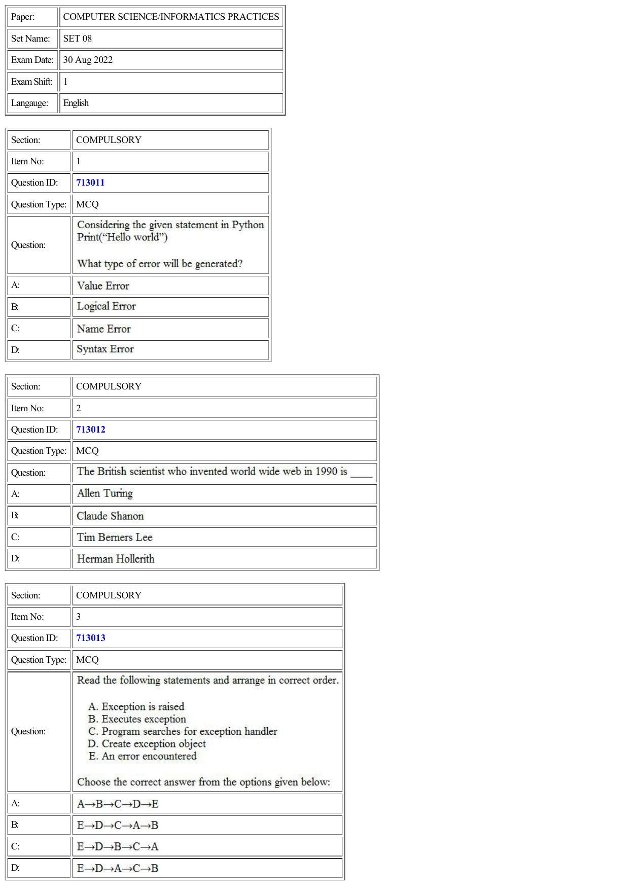 CUET 2022 Question Paper of Computer Science and Informatics Practices - Page 1