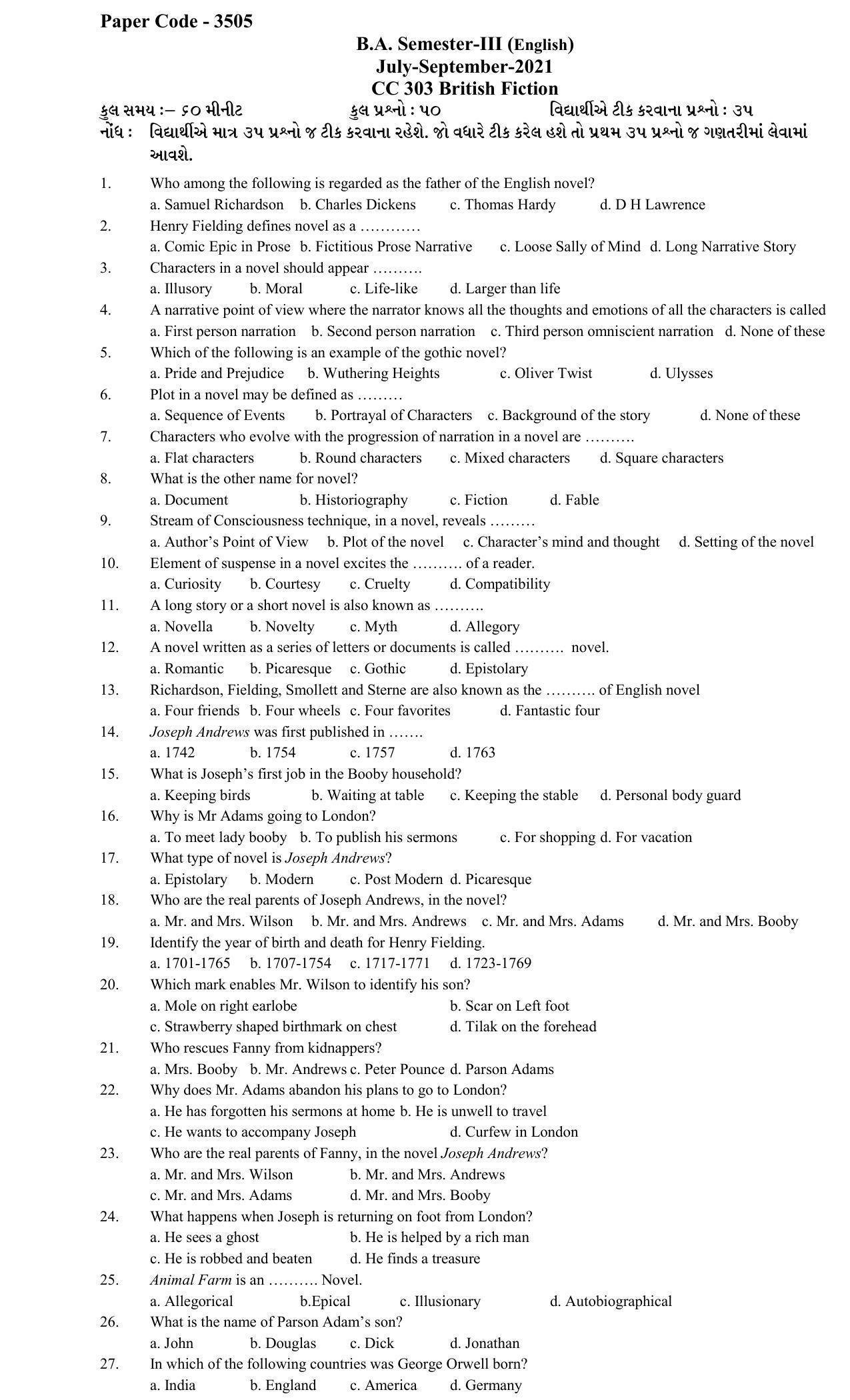 Hemchand North Gujarat University Sample Paper July-Sept 2021: B.A. Semester-III CC - 303 British Fiction Paper Code - 3505  - Page 1
