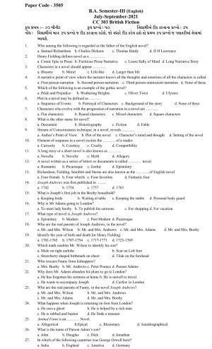  Hemchand North Gujarat University Sample Paper July-Sept 2021: B.A. Semester-III CC - 303 British Fiction Paper Code - 3505 