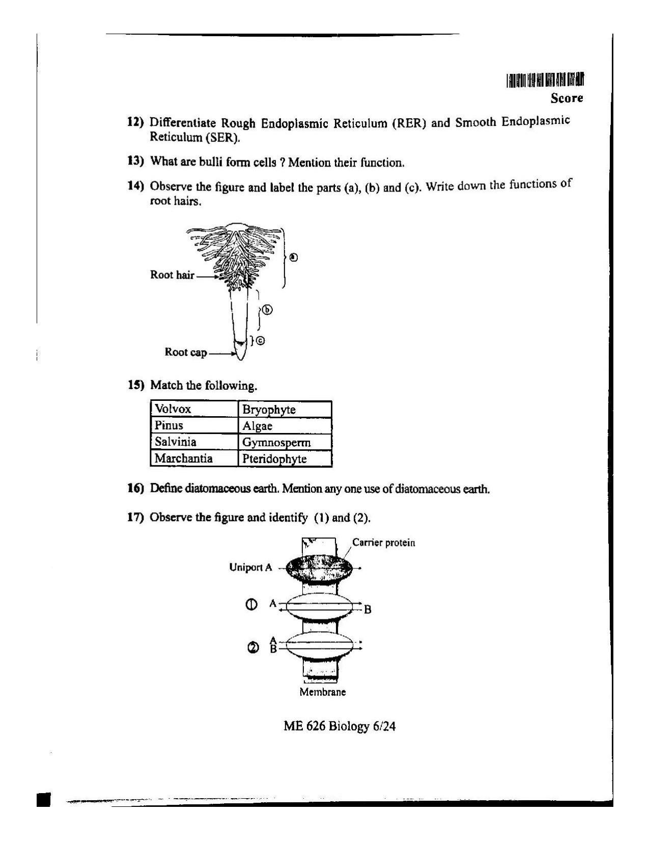 Kerala Plus One 2022 Biology Question Paper (Model) - Page 6