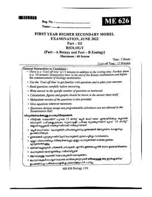 Kerala Plus One 2022 Biology Question Paper (Model)