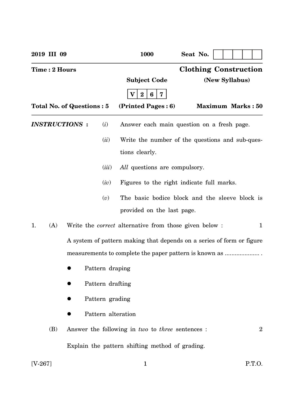 Goa Board Class 12 Clothing Construction   (March 2019) Question Paper - Page 1