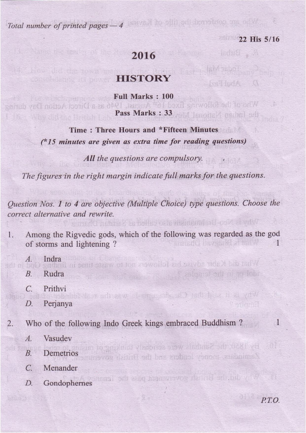 COHSEM Class 12 History 2016 Question Papers - Page 1