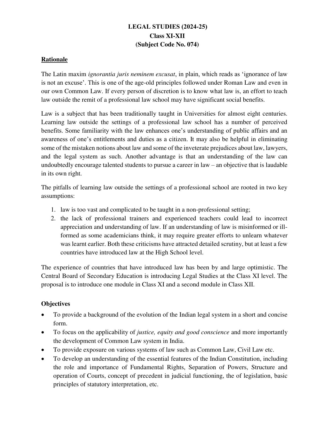 CBSE Class 11 & 12 Legal Studies Syllabus - Page 1