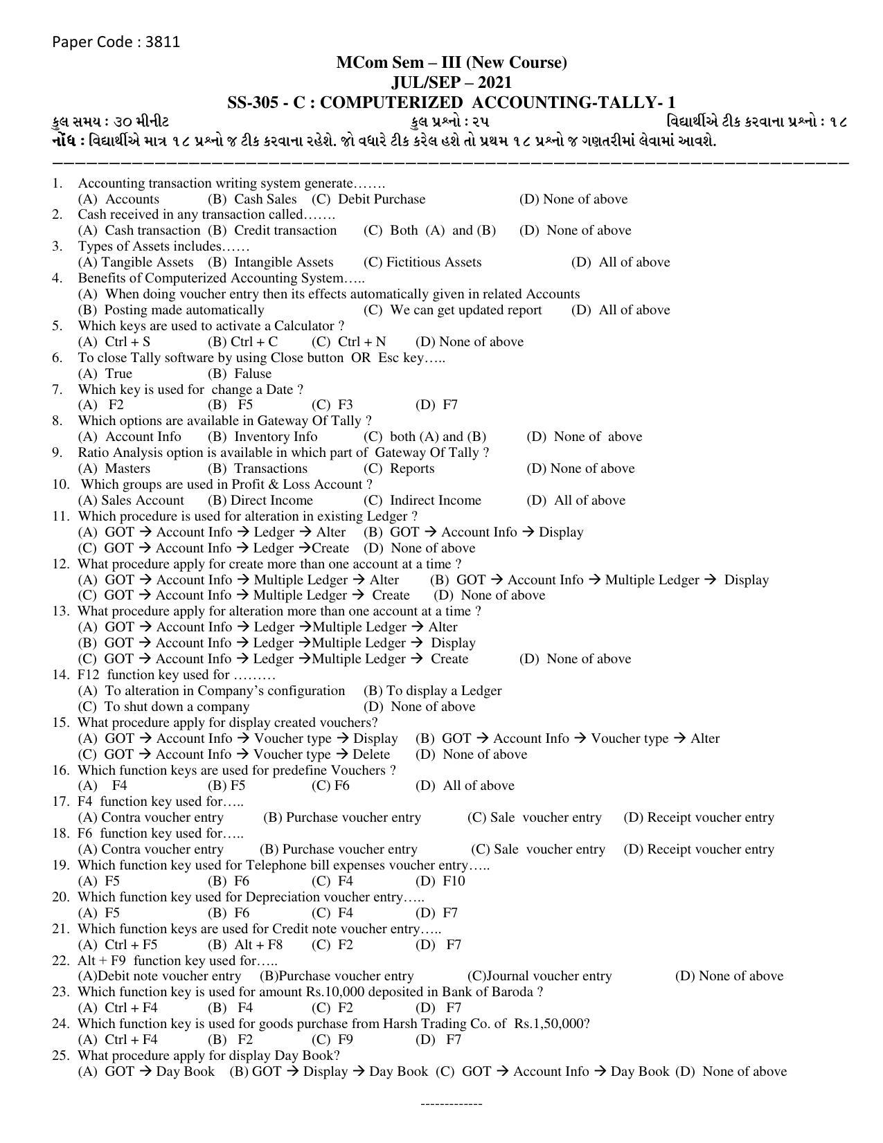 Hemchand North Gujarat University Sample Paper July-Sept 2021: M.Com Sem – III SS-305 - C : Computerized Accounting - Tally-1 (New Course) Paper Code : 3811 - Page 2