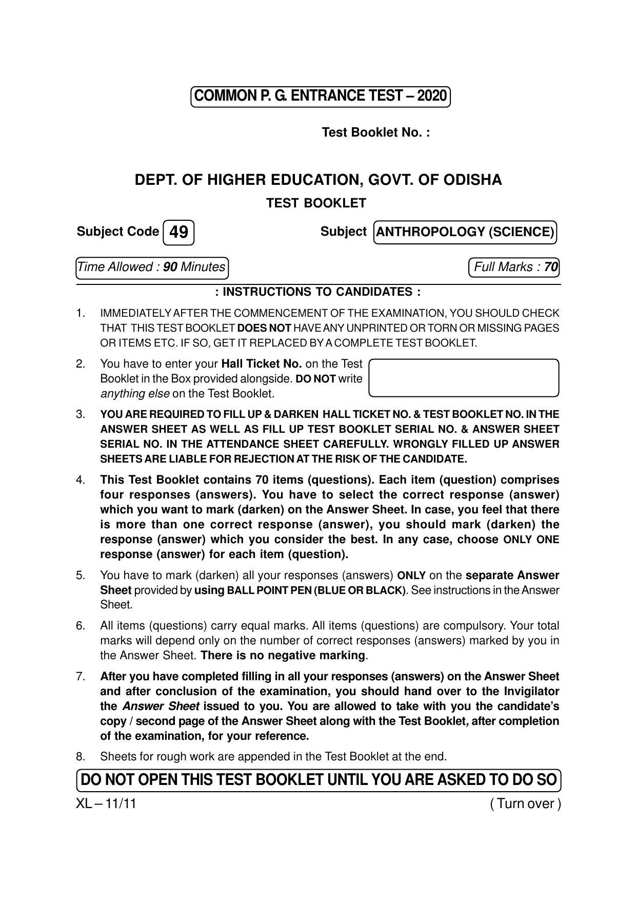 Odisha CPET ANTHROPOLOGY (SCIENCE) 2020 Question Paper - Page 1