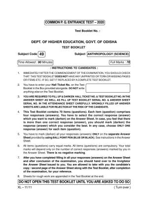 Odisha CPET ANTHROPOLOGY (SCIENCE) 2020 Question Paper