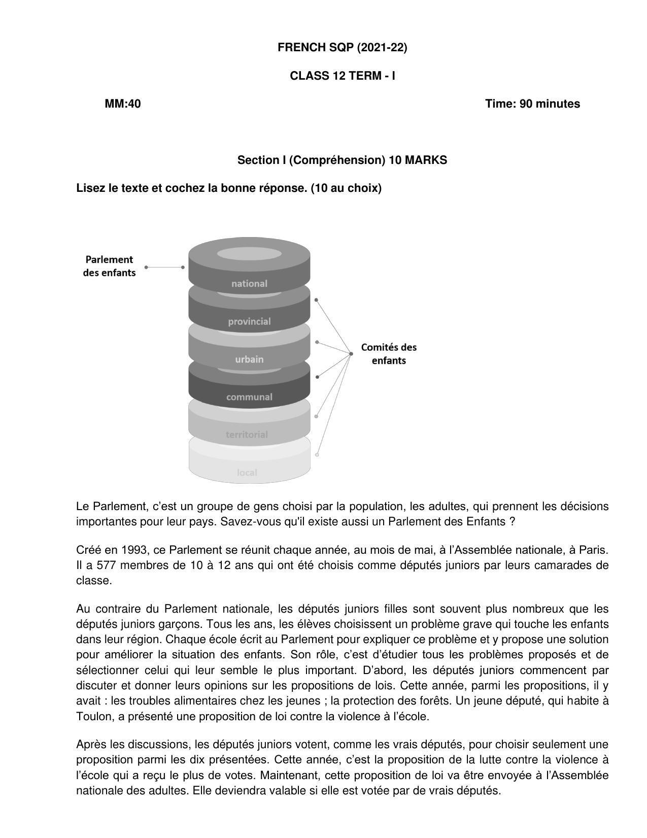 CBSE Class 12 French Sample Paper 2021-22 - Page 1