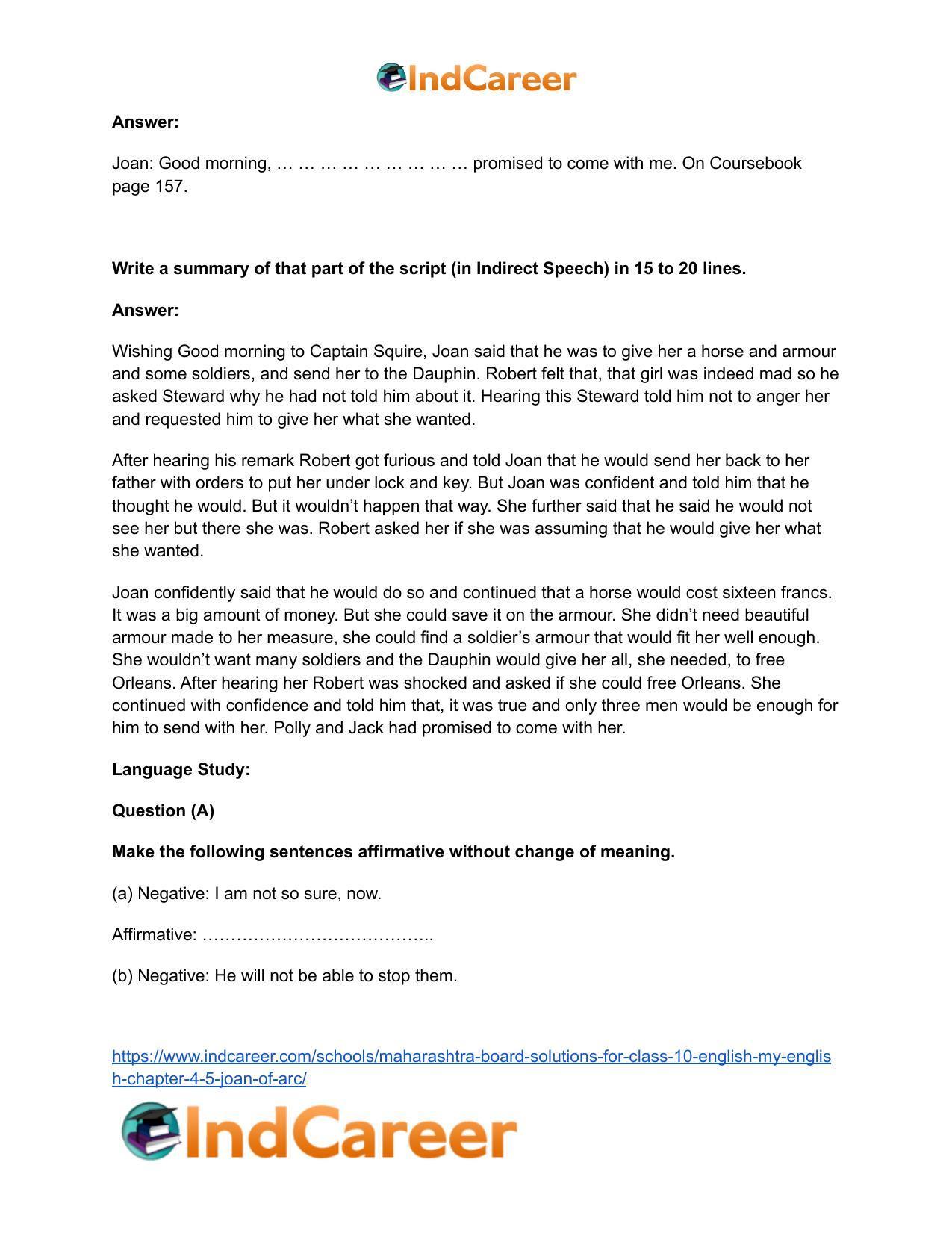 Maharashtra Board Solutions for Class 10- English (My English): Chapter 4.5- Joan of Arc - Page 13