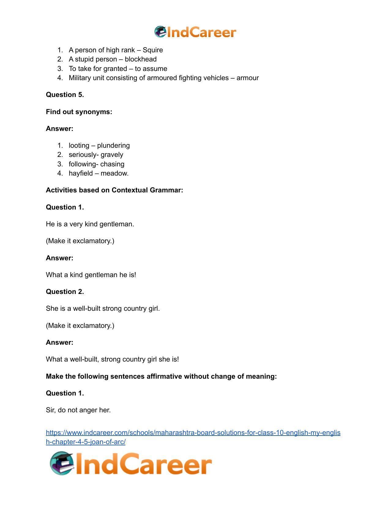 Maharashtra Board Solutions for Class 10- English (My English): Chapter 4.5- Joan of Arc - Page 18