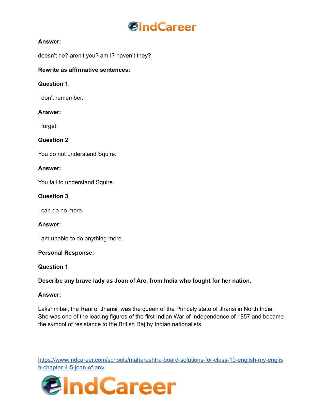 Maharashtra Board Solutions for Class 10- English (My English): Chapter 4.5- Joan of Arc - Page 20