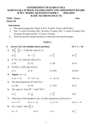 Karnataka II PUC Basic Mathematics Model Question Paper I 2025