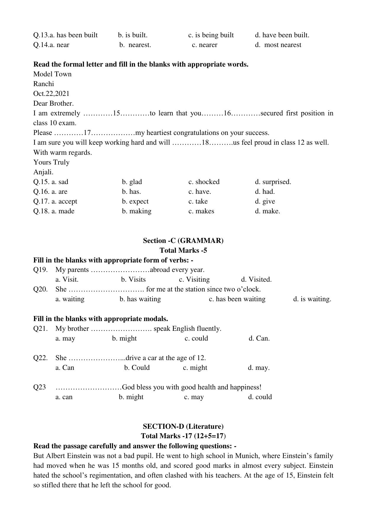 JAC Board Class 9th 2022 Term 1 English Set 1 Model Paper - Page 3