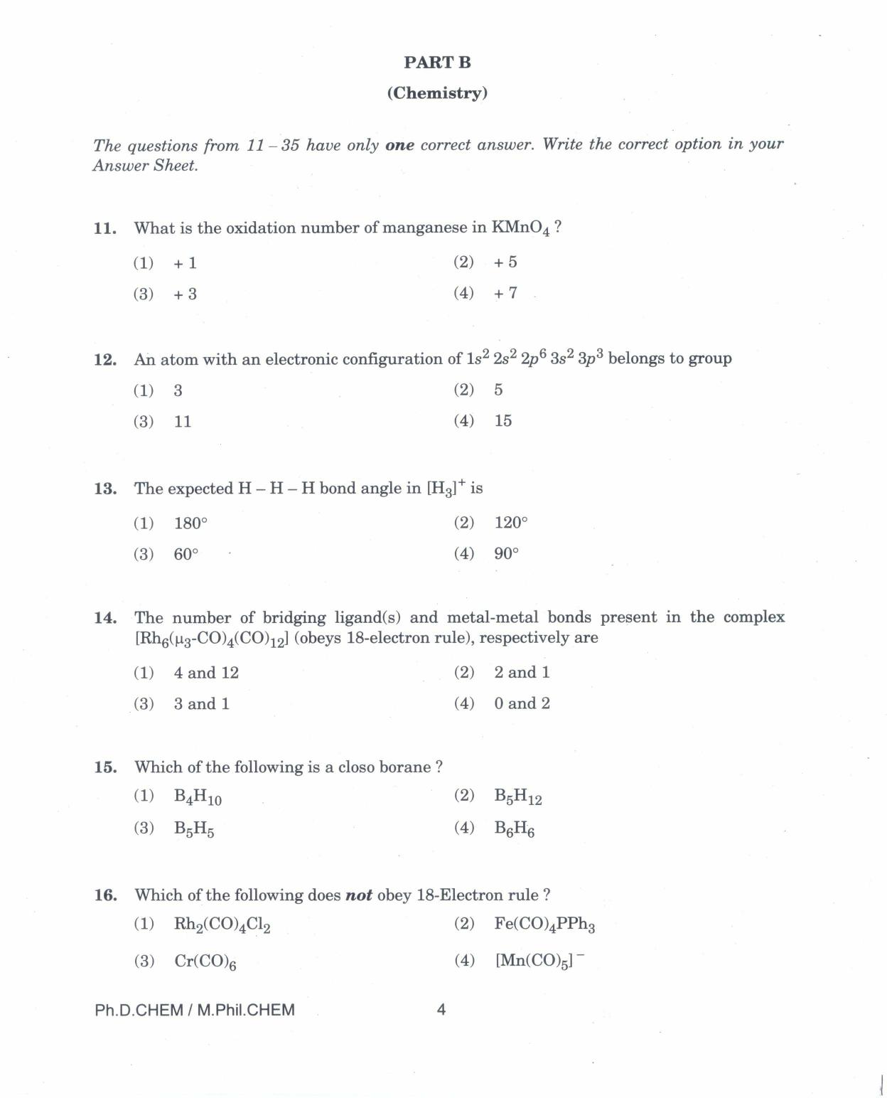 IGNOU PhD Entrance Test Ph.D./M.Phil (Chemistry) 2017 Question Paper - Page 4