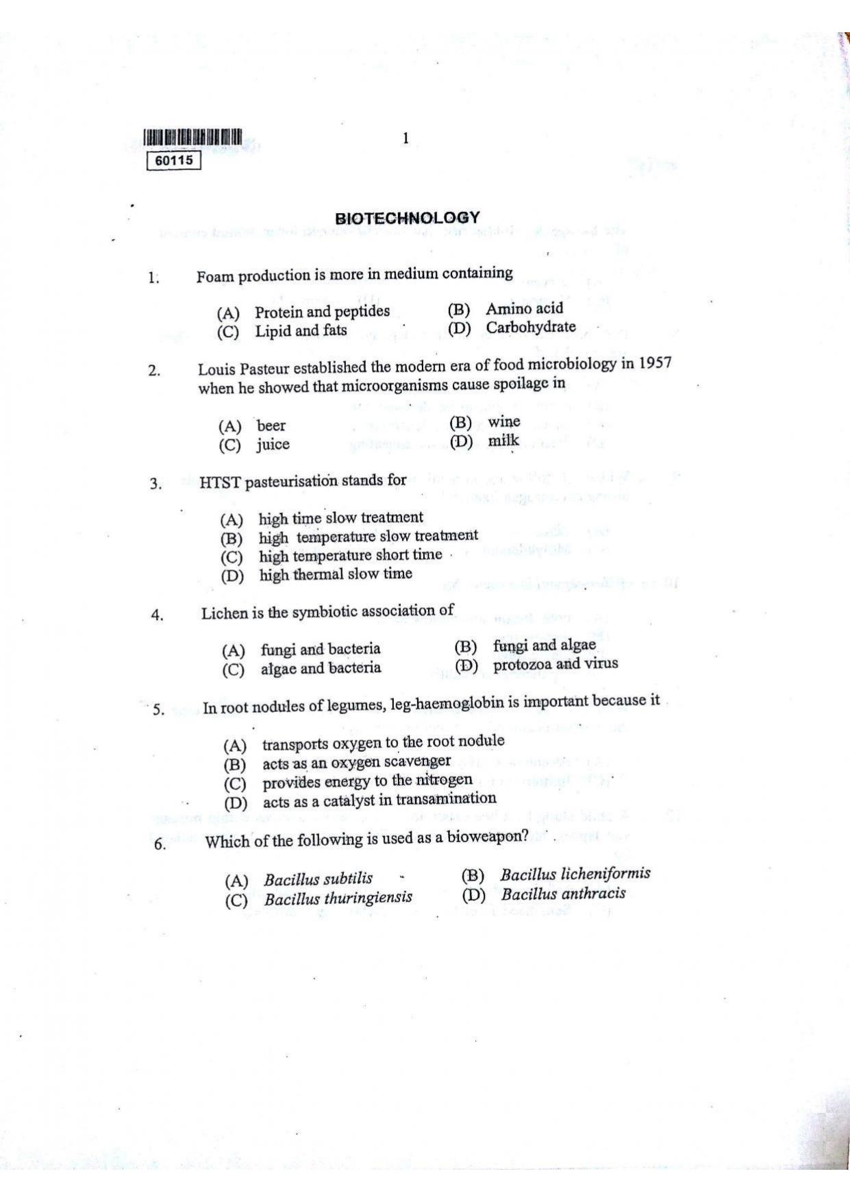 CUSAT CAT 2015 Biotechnology Question Paper - Page 2